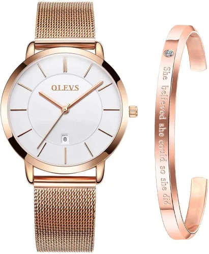 Miniatura 8 de OLEVS Reloj de regalo para mujer con pulsera de oro rosa para mujer minimalista simple delgado casual analógico de cuarzo impermeable dos tonos