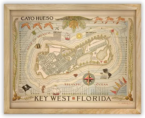 Cayo Hueso Key West Florida 1935 Illustrated Map Vintage Coastal Art Nautical Pictorial Cartography Island History Framed Wall Decor Ready to Hang