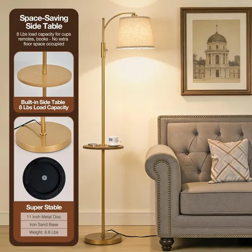Miniatura 2 de AIDENOEY Lámpara de pie totalmente regulable para sala de estar, lámpara de pie con interruptor giratorio con mesa y pantalla beige de lino, Dorado-1