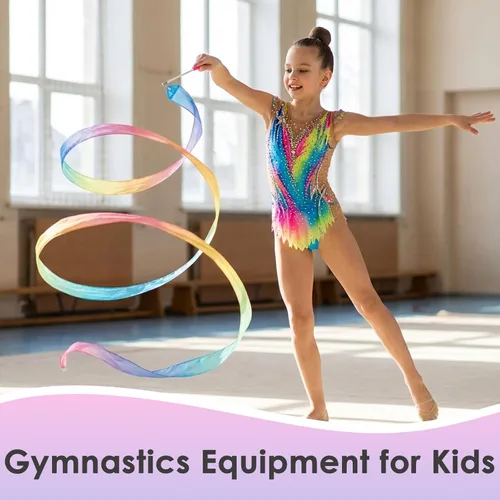 Miniatura 5 de YGEOMER 2 varillas bailarinas de cinta de seda 100% pura para niños, cinta de gimnasia y serpentinas arcoíris pastel para baile de maypole, fiesta