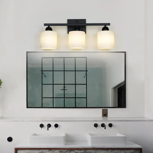 Miniatura 6 de Mecgirn Luces de Tocador de Vidrio Esmerilado para Baño, 3 Luces Accesorios de Iluminación para Baño Negro Mate Sobre Espejo, Portalámparas