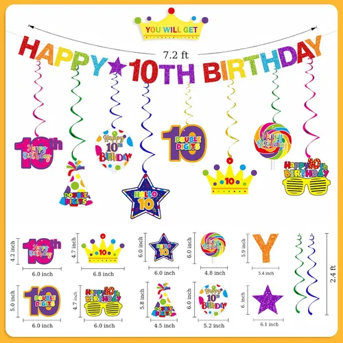 Miniatura 6 de Cartel de feliz cumpleaños número 10 pre-encordado, decoración de cumpleaños de 10 años para niños y niñas, doble dígitos para fiesta de cumpleaños