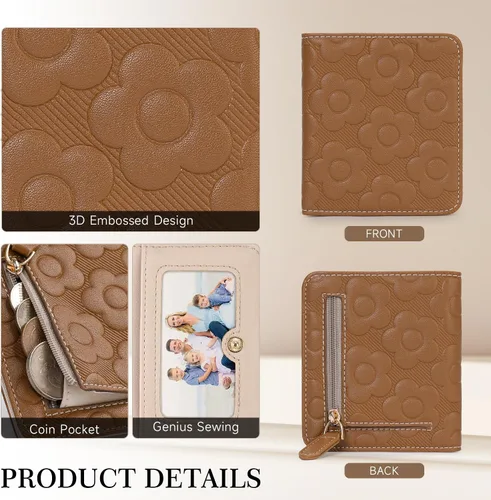 Miniatura 3 de Billetera para mujer, delgada y pequeña, billetera compacta con RFID, plegable, compacta, para mujer, cartera de cuero en relieve 3D con soporte