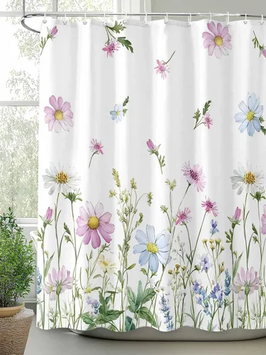 Miniatura 8 de YOKOU Cortina de ducha, flores silvestres con estampado floral de acuarela de primavera, plantas repelentes al agua, tela de poliéster, cortinas