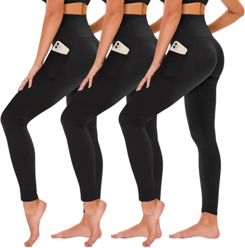 TNNZEET Paquete de 3 leggings para mujer Pantalones de yoga suaves de cintura alta con control de abdomen negro para entrenamiento, gimnasio y