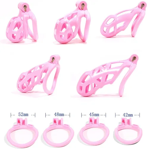 Miniatura 4 de Jaula de castidad rosa 2.0 dispositivo de castidad masculina con 4 anillos de resina ligera jaula de castidad para hombre pene ejercicio de bondage