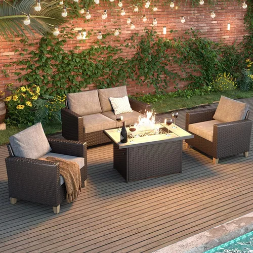 Miniatura 3 de Grand patio - Mesas de patio para fogata de gas propano al aire libre de 43 pulgadas, con base de mimbre de resina/rectangular