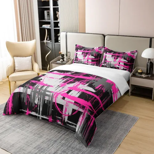 Miniatura 3 de jejeloiu Juego de ropa de cama de color rosa intenso, negro y gris, tamaño individual, juego de funda de edredón de arte abstracto para niños, funda
