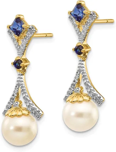 Miniatura 2 de Pendientes de oro amarillo macizo de 14 quilates, 0.276 0.315in, perlas cultivadas de agua dulce, color azul zafiro de septiembre, con piedras