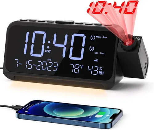 Miniatura 10 de ROCAM Reloj despertador de proyección para techo de dormitorio, reloj digital con proyector de 180° con atenuador de 5 niveles, alarma fuerte dual