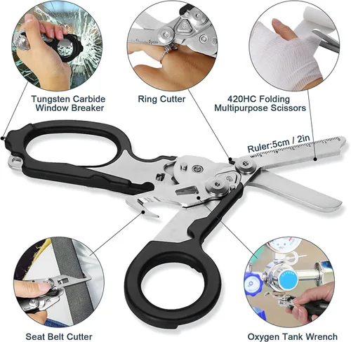 Miniatura 3 de Tijeras de trauma multifuncionales 6 en 1 plegables con funda negra, entornos extremos respuesta de emergencia, trauma cizalla para enfermeras, Negro