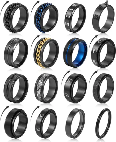 Miniatura 7 de Anillos negros de acero inoxidable para hombres, juego de anillos de promesa de boda para hombres, anillos de ansiedad simples y geniales