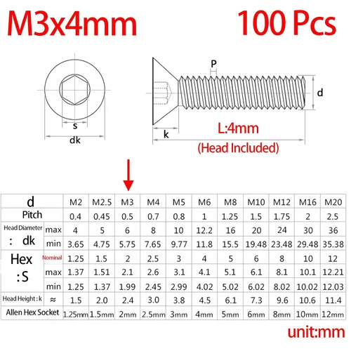 Miniatura 2 de Tornillos de cabeza plana M3-0.020 x 0.157 in, acero inoxidable 18-8 (304), acabado brillante, unidad de enchufe Allen, tornillos de máquina
