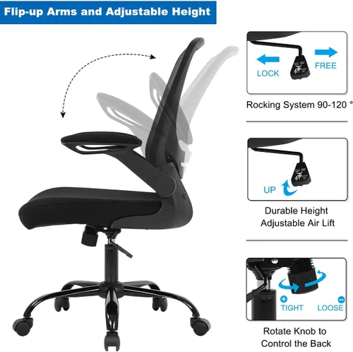 Miniatura 7 de Silla de oficina en casa, silla de escritorio ergonómica con soporte lumbar ajustable y reposabrazos abatibles, silla de computadora de malla