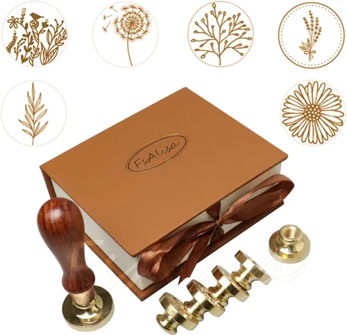 FsAlisa Juego de sellos de cobre de 6 piezas + empuñadura de madera, kit de sellos de cera vintage con caja de regalo para invitaciones, tarjetas,
