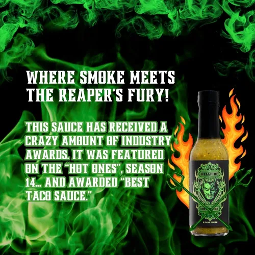 Miniatura 2 de Hellfire Hot Sauce Devil's Blend - Salsa Verde Gourmet picante picante de Carolina Reaper asada al fuego, presentada en el programa de televisión