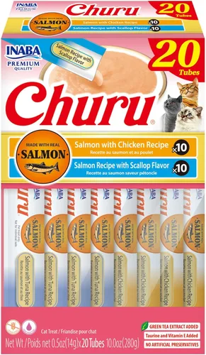 Miniatura 14 de Inaba Churu Golosinas para gatos, puré cremoso sin cereales que se puede lamer y exprimir, suplemento con vitamina E y taurina, 0.5 onzas en cada