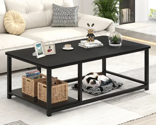 Miniatura 6 de EXCEFUR Mesa de centro negra, mesa de sala de estar de madera rústica con estante de almacenamiento, mesa central rectangular moderna, 47 pulgadas