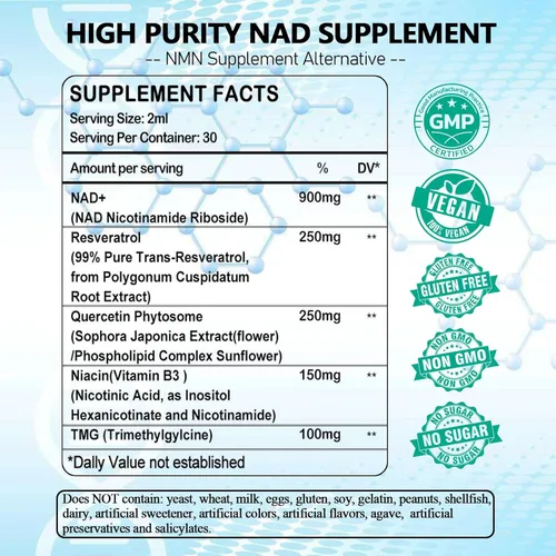 Miniatura 6 de Suplemento NAD, liposomal NAD nicotinamida ribósido resveratrol 900mg Quercetion, TMG, vitamina B3, suplemento líquido NAD Plus de alta potencia