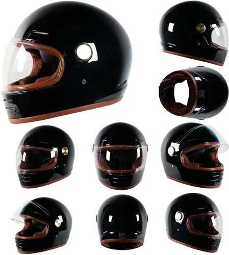 Miniatura 8 de Casco retro para motocicleta Loyoriwy para adultos: Casco integral vintage con sistema de ventilación, diseño impermeable para motociclismo Negro