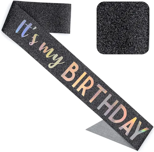 CORRURE Banda con purpurina «It's My Birthday» con lámina multicolor – Banda de feliz cumpleaños con purpurina negra para mujeres – Suministros de