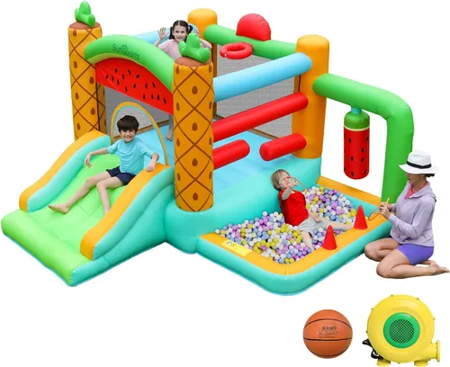 Miniatura 9 de Casa inflable de rebote de tobogán acuático para niños, casa inflable para patio trasero con tobogán acuático para regalo (ventilador incluido)