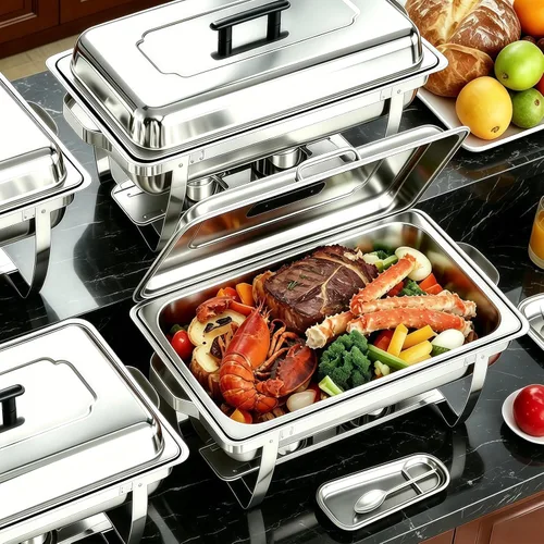 Juego de Bandejas Calentadoras (Chafing Dish) para Buffet de 4 Piezas, Bandeja de Comida Rectangular Plegable de Acero Inoxidable de 8 Cuartos de
