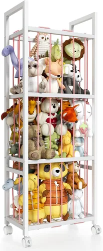 Miniatura 11 de Almacenamiento de animales de peluche, soporte de metal para animales de peluche con ruedas y cordones elásticos, organizador de juguetes