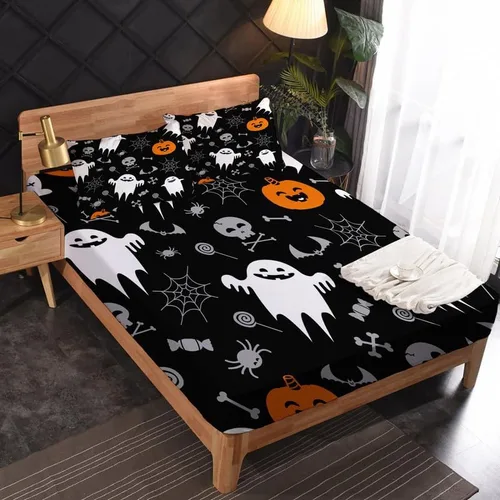 Miniatura 2 de Juego de sábanas de Halloween para niños y niñas, juego de sábanas espeluznantes de tela de araña, calabaza fantasma, microfibra suave, bolsillo
