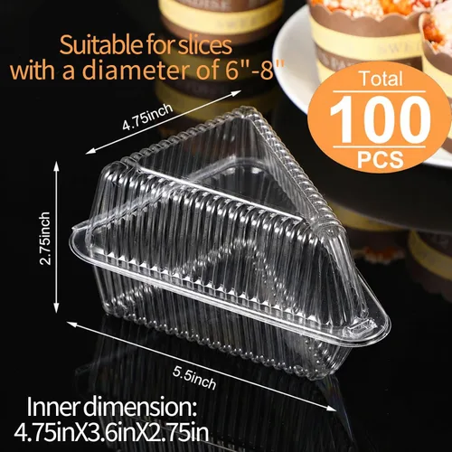 Miniatura 2 de 100 recipientes para tartas con tapa, plástico transparente, tapa mediana con bisagras, contenedor de una sola rebanada para pasteles o tartas de 6