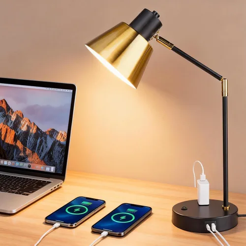 Miniatura 9 de Lámpara de escritorio con USB-C, USB-A y toma de CA, lámpara de escritorio de metal ajustable con cabezal giratorio de 340°, lámpara de mesa