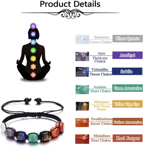Miniatura 4 de Top Plaza Pulsera de yoga de 7 chakras con piedra curativa de reiki, piedras preciosas naturales, pulseras de cuerda trenzada para mujeres y niñas