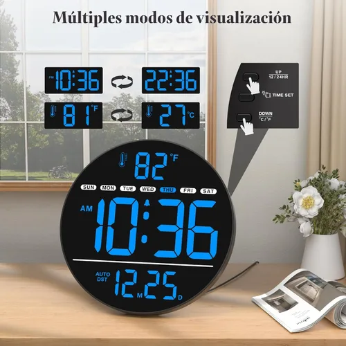 Miniatura 5 de WallarGe Reloj de pared digital grande con pantalla LED, reloj de pared eléctrico con temperatura, DST automático, fecha y día, brillo de 5 niveles