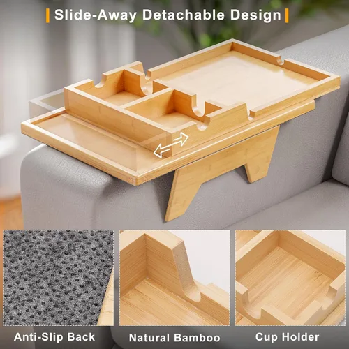 Miniatura 2 de Bestjing Bandeja de bambú para portavasos de sofá – 2 en 1 con soporte doble desmontable Be Slide-Away – Sofá sillón Caddy para beber aperitivos