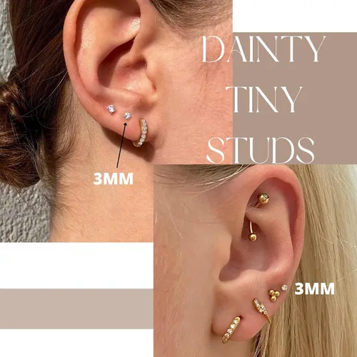 Miniatura 11 de Aretes de tuerca de circonita cúbica pequeña de 0.118 pulgadas, aretes de tuerca de oro de 14 quilates con circonita cúbica para cartílago, hélix