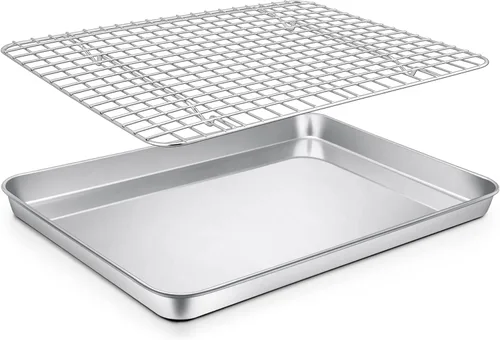 Miniatura 8 de P&P CHEF Molde para horno tostador de 12.5 + 9 pulgadas con juego de estante, bandeja de acero inoxidable para hornear y rejilla de enfriamiento