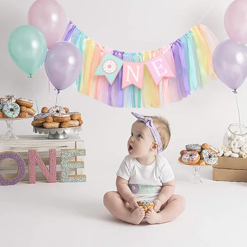 Miniatura 4 de Cartel de cumpleaños de 1 a 2 años de edad – Cartel para silla alta de cumpleaños con tema de dona, un grupo de tutú de cinta de arco iris suave