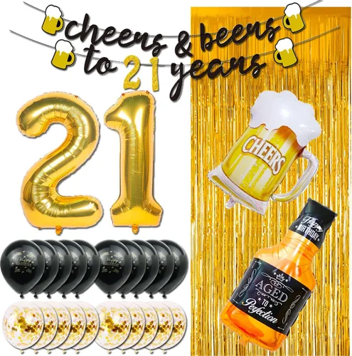 Miniatura 7 de Decoraciones de cumpleaños 21 para él, decoraciones de cumpleaños 21 con globos dorados de 40 pulgadas, pancarta de felicitación a 21 años, cortinas