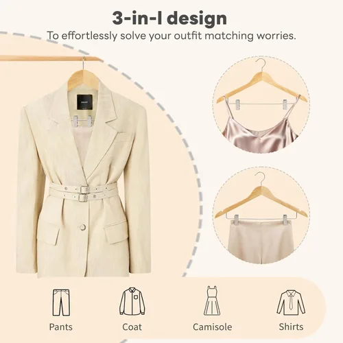 Miniatura 5 de HOUSE DAY Paquete de 12 perchas de madera de alta calidad para trajes, perchas para faldas con clips de madera maciza para pantalones, acabado liso