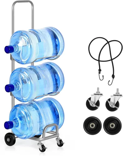 Miniatura 8 de Soporte para botella de agua de 5 galones, soporte dispensador de jarra de agua movible de 3 niveles con 4 ruedas, organizador de botellas de agua