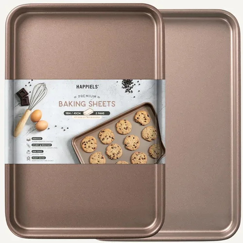 HAPPIELS - Bandeja de hornear antiadherente y no tóxica de 18 pulgadas y media, pack de 2 | Bandeja de hoja extra gruesa premium | Bandeja grande