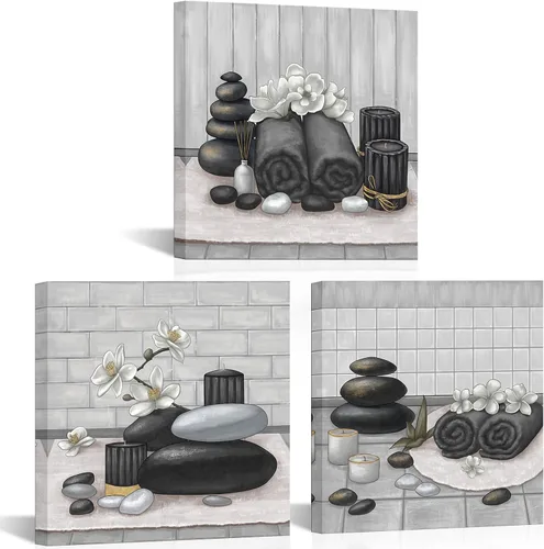 Miniatura 12 de RnnJoile Arte de pared de lienzo para spa con piedra Zen y orquídea, pintura de estilo bodegón amarillo, impresiones para decoración de baño