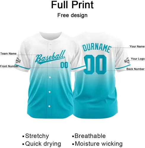 Miniatura 3 de Camiseta de béisbol con degradado personalizado, nombre, número y logotipo personalizados para hombres, mujeres y niños