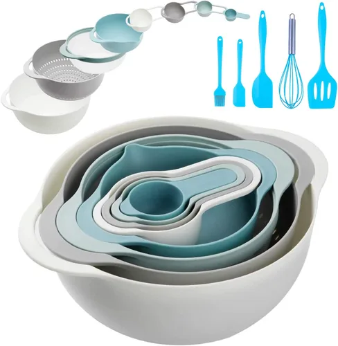 Miniatura 10 de Cuencos de mezcla de plástico - Juego de 8 cuencos de mezcla multicolor, anidados para fácil almacenamiento, incluye tazas de medición, colador