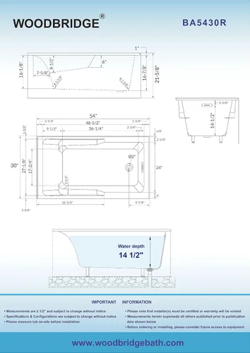 Miniatura 5 de WOODBRIDGE Bañera rectangular de acrílico de 60 pulgadas en blanco con drenaje derecho, drenaje desplegable de níquel cepillado incluido BA6030R