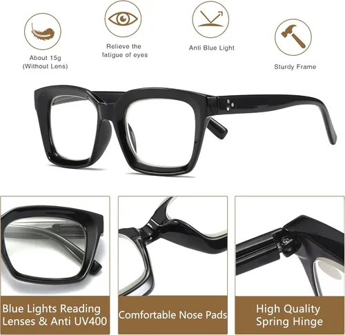 Miniatura 5 de Lentes de lectura cuadrados de estilo moderno con bisagra de resorte, bloqueo de luz azul para hombres y mujeres