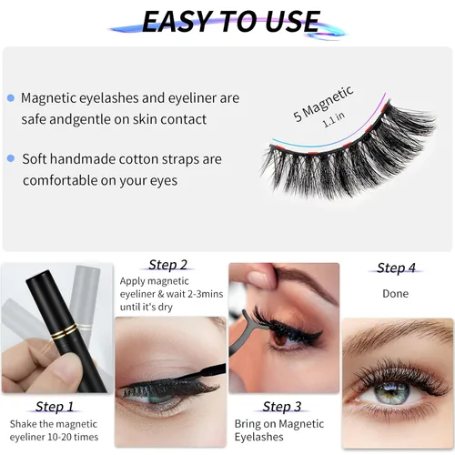 Miniatura 4 de Juego de pestañas magnéticas naturales 3D con delineador de ojos, aspecto natural, 12 pares de pestañas postizas, no necesita pegamento