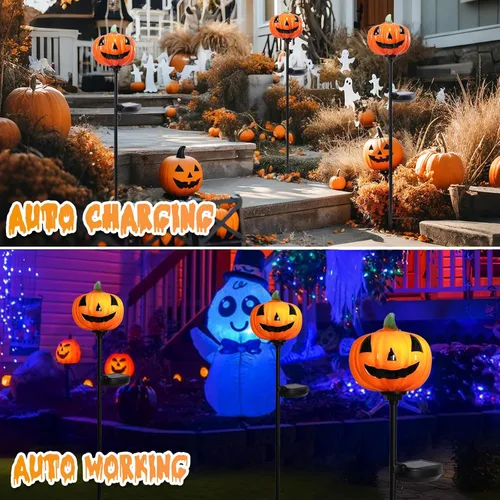 Miniatura 6 de Afirst Luces solares de calabaza de Halloween para caminos de cristal soplado a mano para Halloween, linterna de Halloween, pantalla LED solar