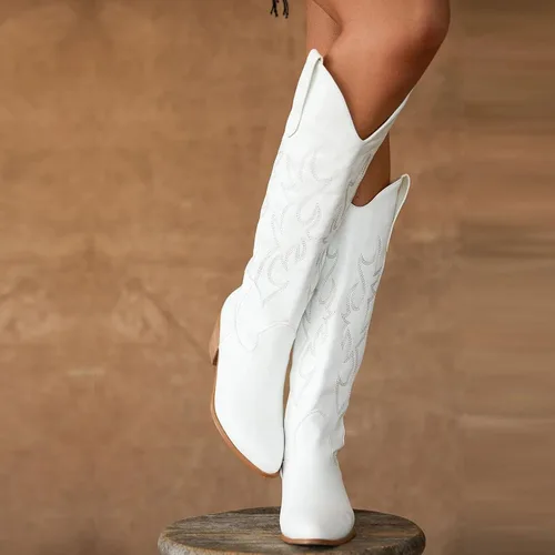 Miniatura 6 de Vimisaoi - Botas vaqueras para mujer, estilo retro, puntiagudas, de meter, pantorrilla ancha, tacón de bloque alto y grueso, bordadas, hasta