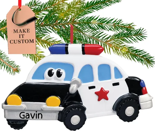 Adorno personalizado de coche de policía 2026 | Adornos de Navidad personalizados 24 horas, grabado con láser, para árbol | Regalo de recuerdo